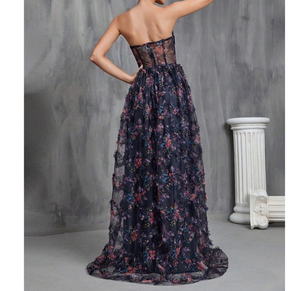 Luxe Floral Print Ruched Corset Party Wedding Formal Dress - Picture 2 of 4